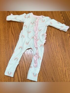 SweetHoney Mint Rainbow Ruffle One-Piece with Pink Trim